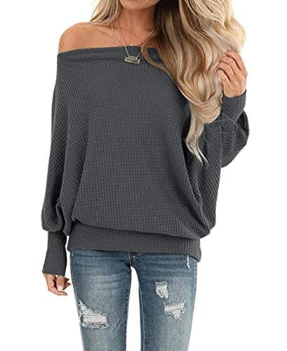Lacozy Women's Off The Shoulder Tops Long Sleeve Pullover Oversized Waffle Knit Pullover Sweater Deep Gray X-Large
