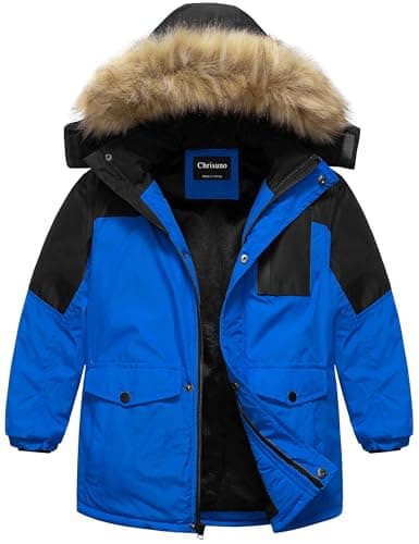 Chrisuno Boy's Essential Outdoor Travelling Winter Parka Coat Heavyweight Colorblock Puffer Jacket Navy&Black 10-12