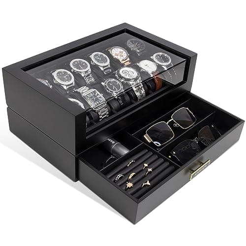 High End Watch Box for Men, 12 Slot Wooden Watch Case With Drawer, Watch Display Box with Glass Lid, 2-Layer Watch Holder for Jewelry and Watch Storage for Men Women , Ideal for Gift (With Gift Box)