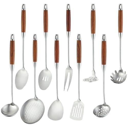 Izurok 18/10 Stainless Steel Kitchen Utensils Set,10 Piece Cooking Utensils With Wood Handle,Heat Resistant Kitchen Tool Set With Spatula,Spoon,Ladle,Skimmer,Slotted Turners,Pasta,Turner,Ladl,Fork