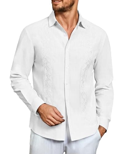 Makkrom Men's Casual Cotton Linen Button Down Shirts Cuban Guayabera Shirt Long Sleeve Summer Beach Tops White