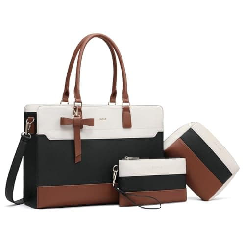 Keyli 3pc Sets Laptop Bag Work Bags for Women,15.6 Inch Laptop Tote Bag Purses Waterproof Vegan Leather Computer Briefcase Professional Business Shoulder Handbags for Teacher Office Travel White Brown