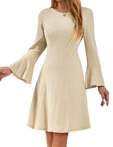 HomRain Womens Long Sleeve Wedding Guest Dresses Elegant Casual Knit Sweater Outfits Bell Sleeve A Line Formal Dresses for Women 2026 Winter Fashion Work Business Clothes Sweater-Apricot L