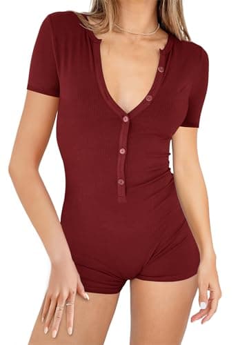 REVETRO Summer Short Sleeve Jumpsuits for Women Sexy V Neck Onesie Shorts Romper Y2k Gym Bodysuit One Piece Pajama Set Red
