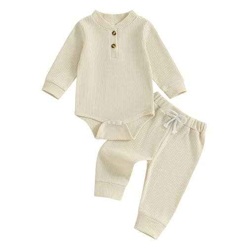 allshope Newborn Baby Boy Fall Outfit Romper Long Sleeve Solid Jumpsuit Bodysuit Elastic Waist Pants Infant Waffle Clothes (Solid Color Beige, 0-3 Months)