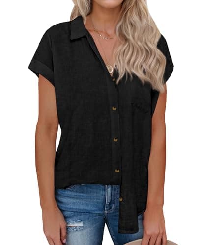 siliteelon Linen Shirts for Women Button Down Shirts Short Sleeve Cotton Collared V Neck Solid Casual Blouses with Pocket Black Small