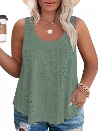 VISLILY Women's Plus Size Summer Tops 5X Casual Eyelet Comfy Sleeveless Flowy Camisole Scoop Neck Tank Pea Green