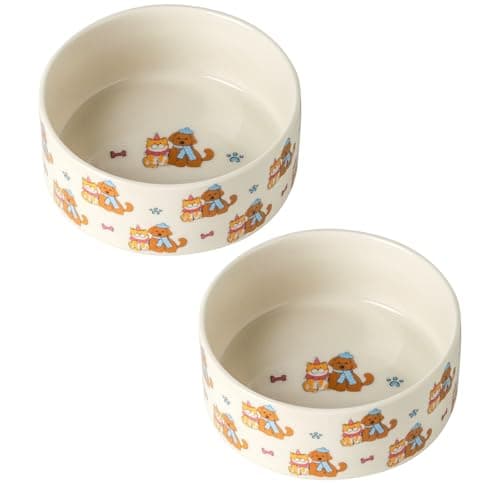 Ceramic Dog Bowls Set of 2, Pet Cat Dog Food Bowls Water Bowl with Cute Pattern, 5.1 inch Dog Dishes for Small Size Dog and Cat, White