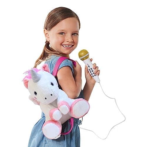 Singing Machine Portable Karaoke Machine for Kids, Plush Toy Backpack with Microphone - The Sing Along Crew, Uni Queen (White & Pink) - Built-In Karaoke Speaker with Songs, Sound Effects, & Recorder