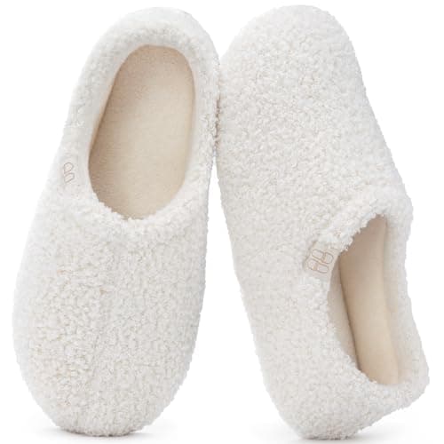 HomeTop Women's Fuzzy Curly Fur Memory Foam Loafer Slippers Bedroom House Shoes with Polar Fleece Lining (11-12, Cream White)