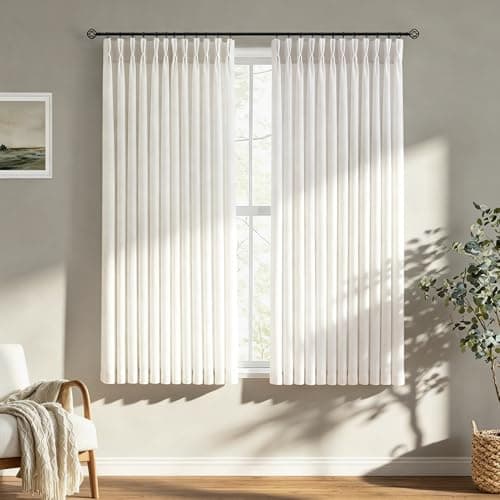 HUEVESSEL Linen Pinch Pleated Curtains 63 Inch Length for Living Room Dining Room Natural Light Beige Birch Light Filtering Privacy Cottage Window Drapes Track System Back Tab Hanging 2 Panels Set