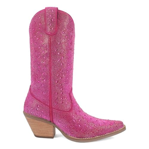 Dingo Womens Silver Dollar Rhinestone Round Toe Pull On Casual Boots Mid Calf Mid Heel 2-3" - Pink - Size 6 M