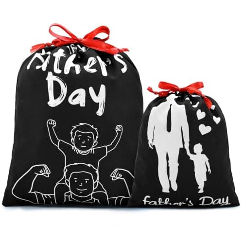 Mshutbna Black Father's Day Gift Bags 2pcs Reusable Fabric Drawstring Gift Wrapping Bag for Presents Wrapping Party Decorations Holiday Favors 16x12 12x10 inches
