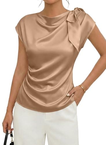 EVALESS Satin Blouses for Women Dressy Casual Trendy Business Work Silk Tops Outfits 2026 Cap Short Sleeve Cowl Neck Bow Tie Pleated Summer Shirts,Apricot X-Large