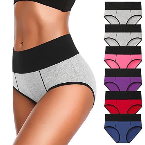 Eiggam Underwear for Women, Women's High Waisted Cotton Underwear Soft Breathable Panties Stretch Briefs, Tummy Control Panties, 6-Pack
