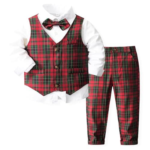 Kimocat Baby Boy Clothes Outfit Suit Long Sleeve Gentleman Tuxedo Vest Wedding Birthday Party Suit (US, Age, 2 Years, Red Plaid Set)
