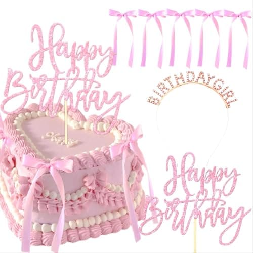 Tyotrbs 22pcs Pink Bow Cake Topper, Pink Bows For Cake with Rose Gold Happy Birthday Headband for Vintage, Ribbon, Coquette Themed Party