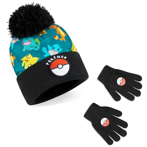 Pokemon Gifts for Boys 2 Pcs Winter Beanie and Gloves Set, Ages 4–12, Winter Hat and Knit Gloves for Cold Weather (4-12 Years, Black/Blue, 2 Pcs)