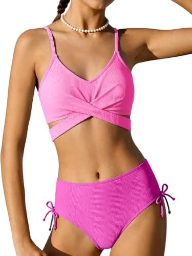 Girls 2 Piece Swimsuit Hawaiian Criss Cross Bikini Bathing Suit Summer Beach Swimwear with Chest Pad 7-16T (Pink, 11-12T)