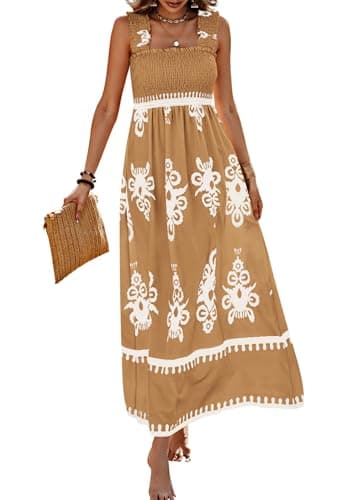 PRETTYGARDEN Women's Sleveless Boho Maxi Dress,Floral Khaki White,XXL