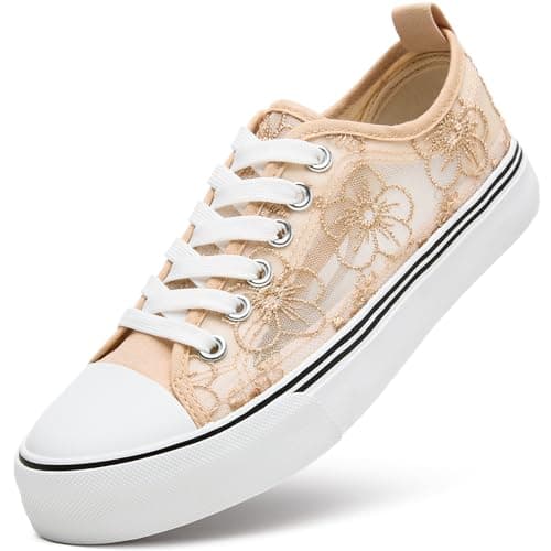 ZGR Women Low-Top Mesh Canvas Sneakers,Lace-Up with Embroidery Brown US9.5