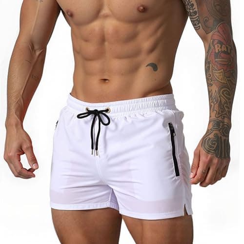 LUYIJIESHENG Men's White Swim Trunks Quick Dry Swimwear Bathing Suit with Zipper Pockets and Mesh Liner Swimsuit Shorts for Swimming Beach XS