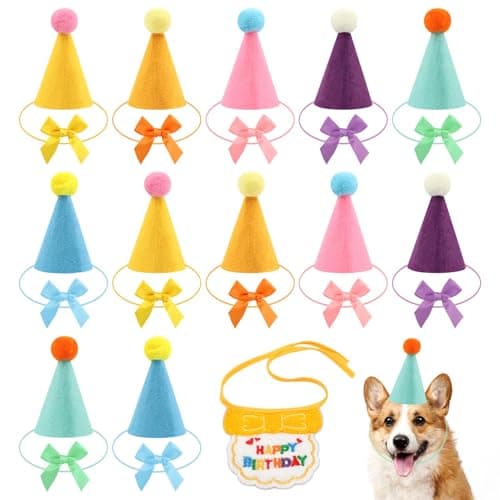 12pcs Mini Party Hats and Scarf for Stuffed Animals, Birthday Party Cone Hats Dog Cat Rabbit Decoration Clothing Accessories Gift
