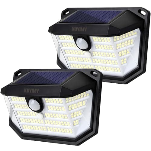 kuyimy Solar Outdoor Lights, 230 LED with Motion Sensor and 3 Modes, IP65 Waterproof, 270° Wide Angle Light, Easy-to-Install Intelligent Security Wireless Wall Lights for Patio, Garden, Fence(2 Pack)