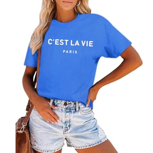 Tuislay C'est La Vie T-Shirt Graphic Tees for Women Paris Shirts Oversized Baggy Trendy Summer Short Sleeve Loose Fit Top(Sapphire Blue,2XL)