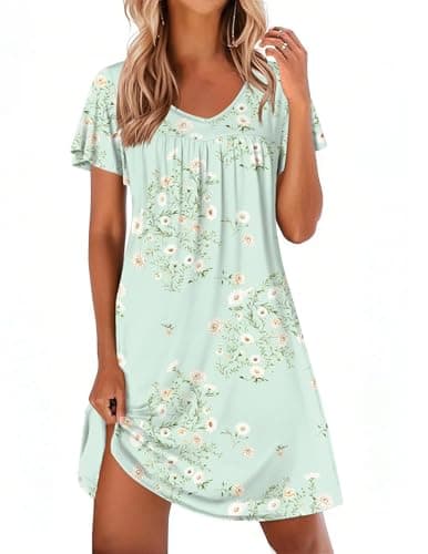 Ekouaer Nightgowns for Women Short Sleeve Sleep Shirts Pleated Night Dress V Neck Night Shirts Soft House Dress