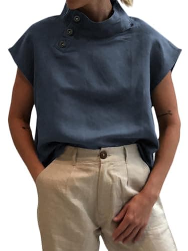 Celmia Womens High Neck Button Collar Cotton Short Sleeve Blouse Navy 2XL