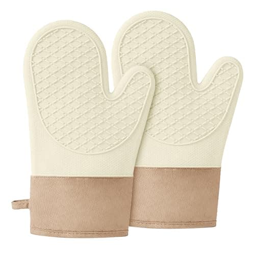 2PCS Silicone Oven Mitts，Heat Resistant up to 500°F, Oven Gloves Beige