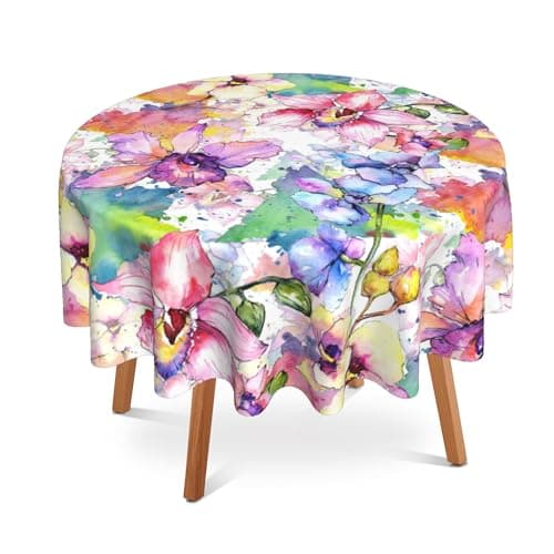 UIUPRO Floral Round Tablecloth 60 inch,Orchid Flower Watercolor Circle Table Cloth Polyester Waterproof Stain Wrinkle Free Table Cover for Home Kitchen Dining Party Pinic Patio Outdoor Decor