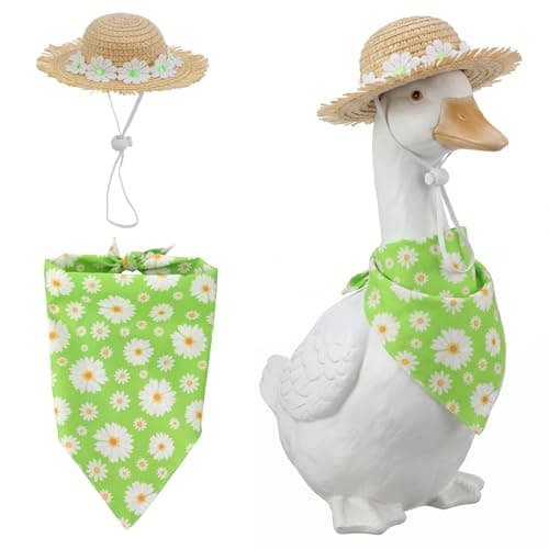 Nogeqi Porch Goose Outfit, Summer Porch Goose Costumes Daisy Flower Straw Hat & Bib Accessories for 23” Lawn Sculpture Outdoor Garden Patio Statue Courtyard Terrace Decoration, Green