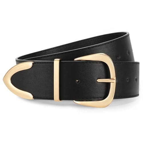 WERFORU Women Wide Leather Belt Women Fashion Wide Belt for Dresses Jeans,C-Black-Gold,Fit Waist Size 26"-32"