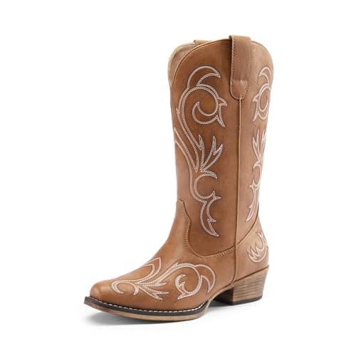 DREAM PAIRS Women's Cowboy Boots Mid Calf Cowgirl Boots Square Toe Chunky Heel Embroidery Stitched Western Boots,Size 6,Tan,SDMB2403W