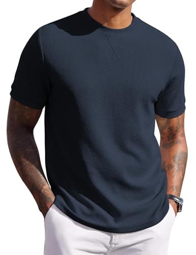 COOFANDY Men's Waffle T Shirts Short Sleeve Crew Neck Shirts Casual Fashion Solid Pullover Tees Navy Blue 2XL