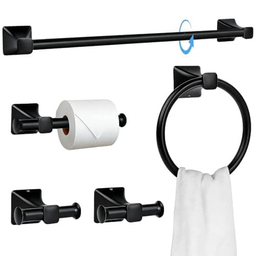 5-Piece Matte Black Bathroom Hardware Set, SUS304 Stainless Steel Wall Mounted Towel Rack Set, 24 Inch Towel Bar, Towel Ring, Toilet Paper Holder, 2 Towel Hooks, Multipurpose Bathroom Accessories