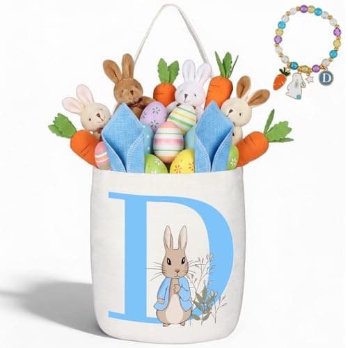 OXYEFEI Personalized Easter Basket, Bunny Egg Easter Basket with Initial for Girl Boy Kids (D, Blue)
