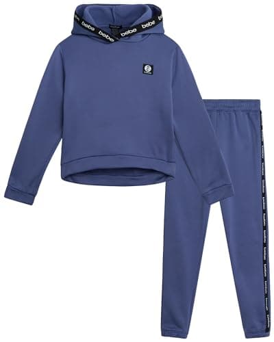 bebe Girls Sweatpants Set - 2 Piece Yummy Cotton Blend Fleece Hoodie Sweatshirt and Jogger Sweatpants Kids Activewear Set, Size 7-8, Blue Velvet