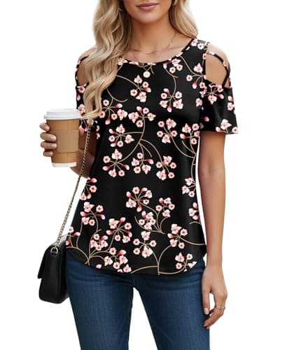 NILOUFO Cold Shoulder Tops for Women Summer Short Sleeve Blouses 1 Pack