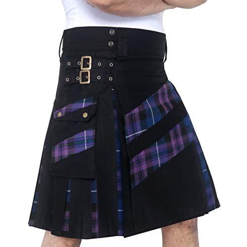 DSS KILTS- Men's Modern Hybrid Cotton & Tartan Cross Strip Designer Kilts for Weddings (Black Cotton & Pride of Scotland Tartan, 46" Waist at Belly Button)