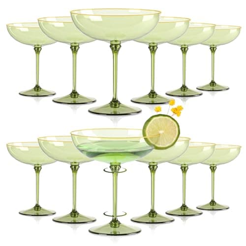 HKSZEH 12 PCS Plastic Coupe Glasses 9 oz Sage Green Detachable Gold Rim Martini Glass Espresso Champagne Cocktail Cups Disposable Vintage Margarita Glassware for Christmas Bridal Wedding Baby Shower