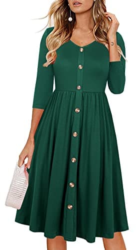 Lamilus Women's Casual Fall 3/4 Sleeve V-Neck Button Down A-Line Swing Party Dress (M,Dark Green-026-3/4)
