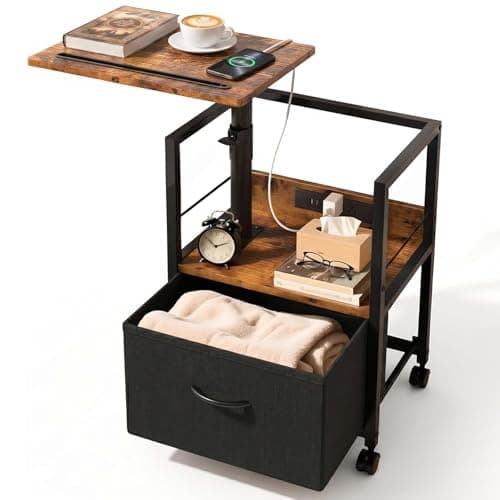 Faesun Swivel Lift Top Nightstand with Charging Station, Rolling Side Table for Recliner, Bedside Table with Wheels & a Fabric Drawer, for Small Spaces, for Bedroom, Living Room, Brown Black