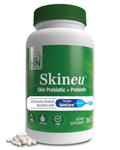 Health Thru Nutrition Skineu - Skin Probiotic + Prebiotic | Supports Skin Hydration & Elasticity | Clinically Studied Ingredients |3rd Party Tested, Non-GMO & Gluten-Free | 30 VegeCapsules
