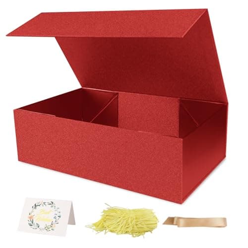 LumyHavver Gift Box 9.5x6x3 Inches with Magnetic Lid, Red Collapsible Box with Ribbon, Raffia Grass, Card for Birthdays, Christmas, or Parties, Gift Packaging