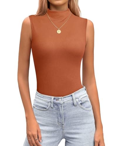 Mock Turtleneck Sleeveless Tops Casual 2026 Summer Layer Tank Top,Caramel L