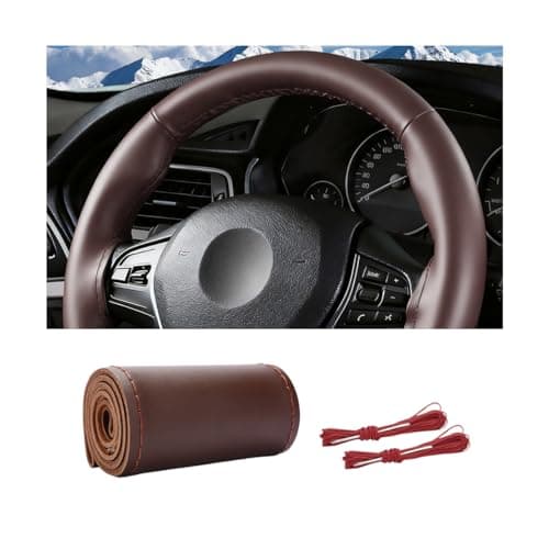 Ywdiml Genuine Leather Car Steering Wheel Cover, DIY Sewing Stitch on Wrap Auto Wheel Cover with Needle Thread, Breathable Anti-Slip Vehicle Steering Stitching Protector, Universal Fit (Coffee/Glossy)