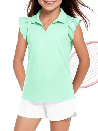 Haloumoning Girls Ruffle Short Sleeve Polo Shirt Kids V-Neck Golf Tennis Shirts Tops School Uniform Tees 5-14 Years Mint Green
